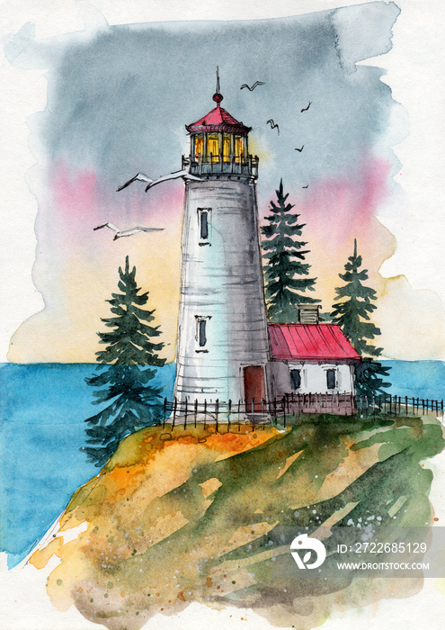 Watercolor illustration of a lighthouse with an additional building on a hill with some fir trees near it