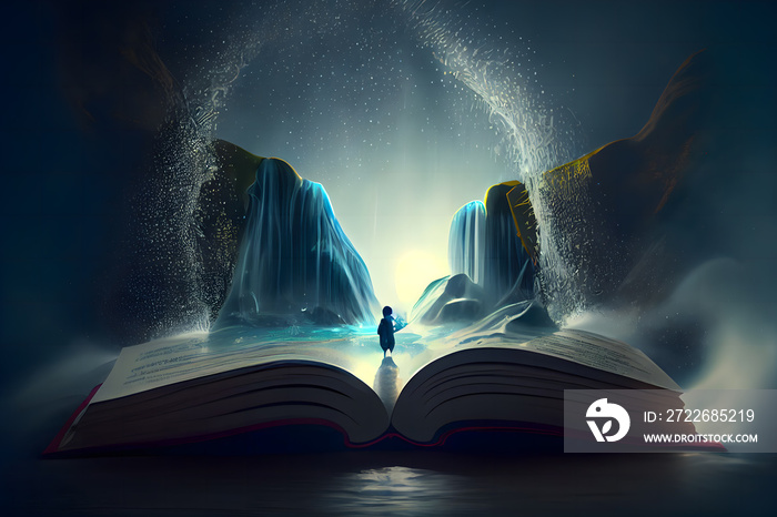 An open magic book with fantasy nature like water, and land.