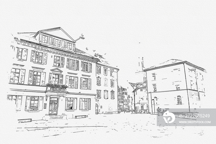 Street view sketches in St. Gallen. UNESCO world heritage of this world, famous landmark at Switzerland.