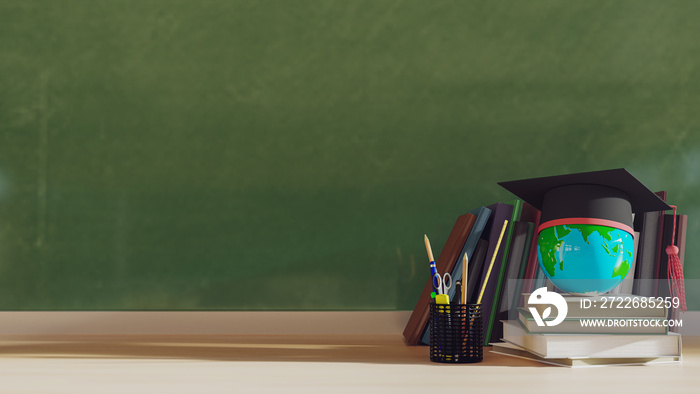 graduation hat with stack books on wood table. 3D render