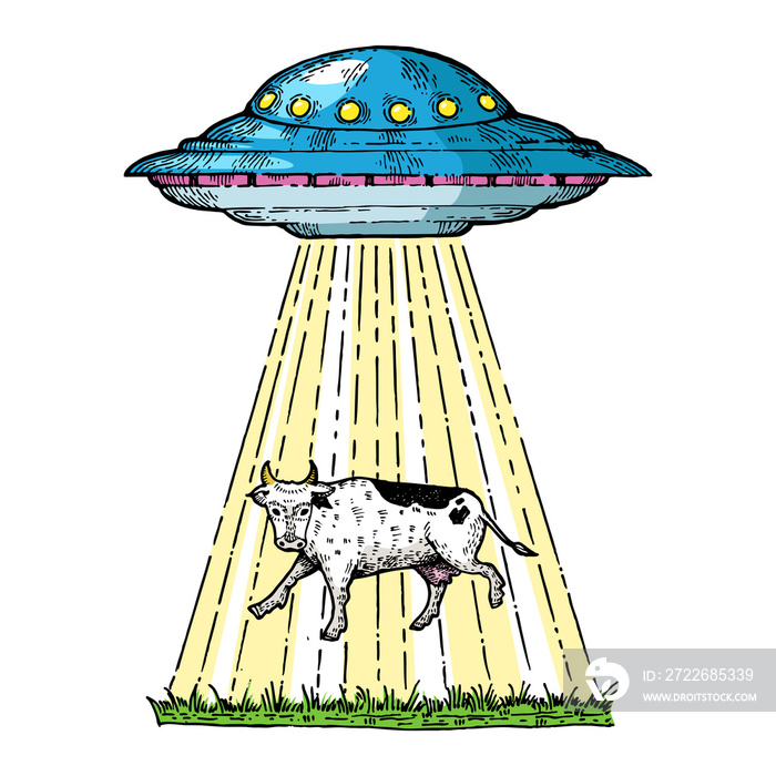 UFO kidnaps the cow color sketch engraving PNG illustration with transparent background