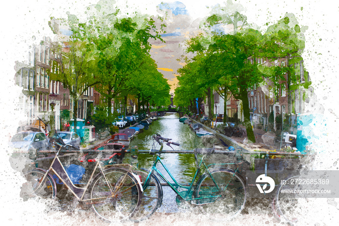 Watercolor painting of Amsterdam cityscape. Beautiful view of Amsterdam canal watercolor illustration artwork. Travel to Amsterdam