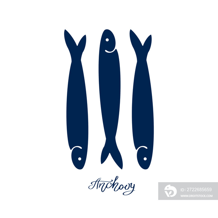 Hand Drawn blue color illustration a group of anchovy fish and lettering on white background.Design for print, wallpaper, card, menu, market