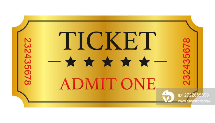 Realistic golden show ticket. Old premium cinema entrance tickets.