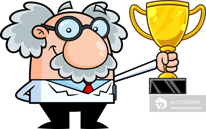 Smiling Science Professor Cartoon Character Holding A Big Golden Cup. Hand Drawn Illustration Isolated On Transparent Background