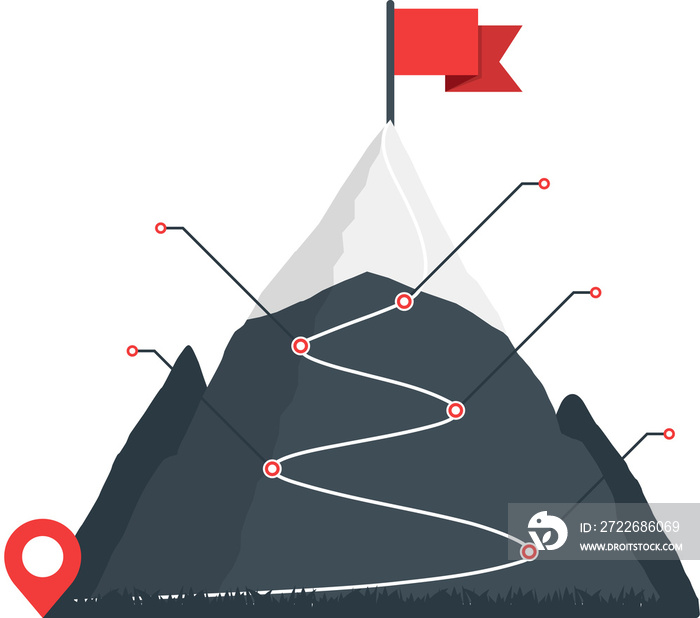 Mountain with red flag and with route to the top with five steps