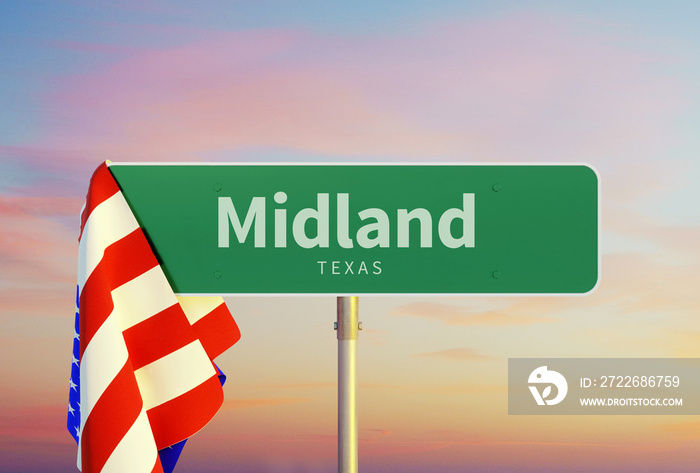 Midland – Texas. Road or Town Sign. Flag of the united states. Sunset oder Sunrise Sky