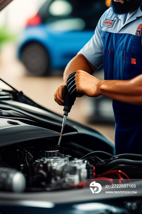 Mechanic using wrench while working on car engine