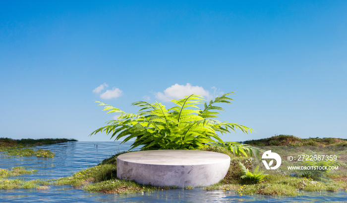 Cement podium in small river with beautiful nature for product presentation, 3D illustrations rendering