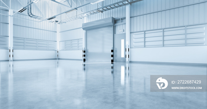 Roller door or roller shutter inside factory, warehouse or industrial building. Modern interior design with polished concrete floor and empty space for product display, industry background. 3d render.