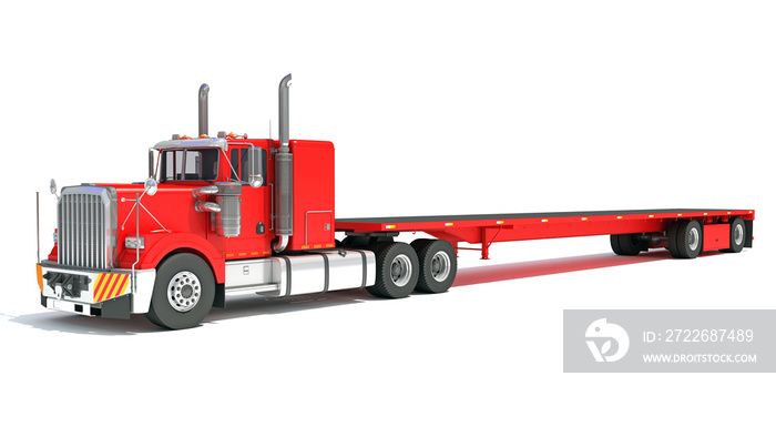 Truck with Flatbed Trailer 3D rendering on white background