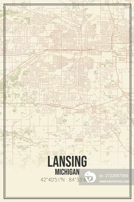 Retro US city map of Lansing, Michigan. Vintage street map.