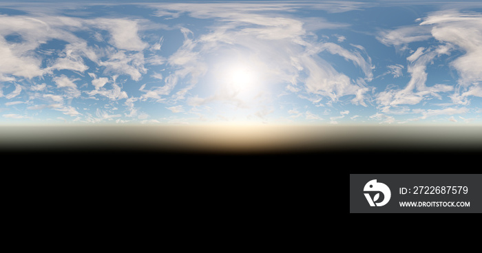 3D rendering. Blue sky with clouds at sunset or sunrise. Environment 360 HDRI MAP. Equivalent projection, spherical panorama.