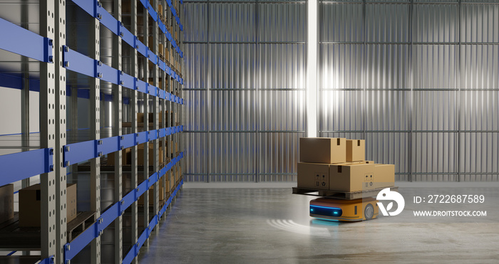 Automate guided vehicle (AGV) working in warehouse, 3D illustrations rendering