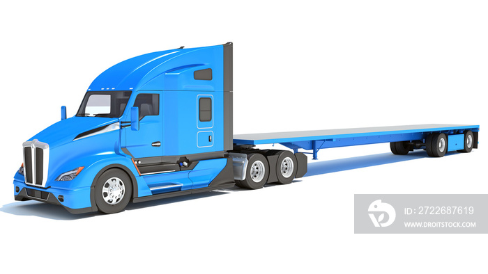 Truck with Flatbed Trailer 3D rendering on white background