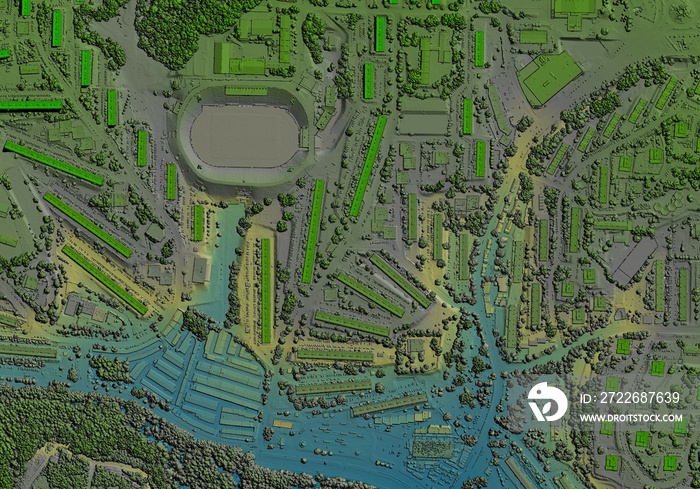 Digital elevation model. GIS 3D illustration made after proccesing aerial pictures taken from a drone. It shows lidar scanned, huge urban area of a city with roads and junctions between dense blocks