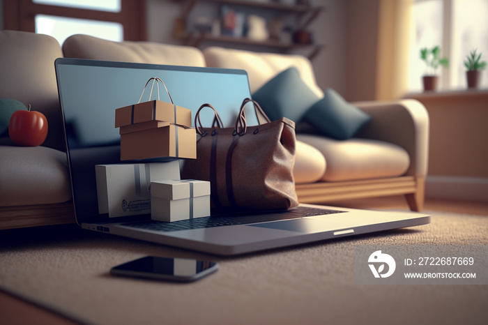 Laptop in living room with gift boxes and packages. Concept of online shopping on webshop.