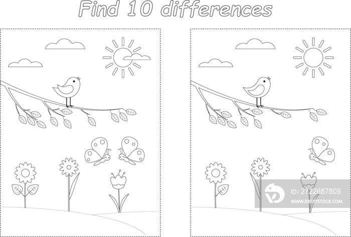 Game for kids. Find 10 differences. Black and white illustration. Coloring page. Sun, clouds, birds, flowers, butterflies.