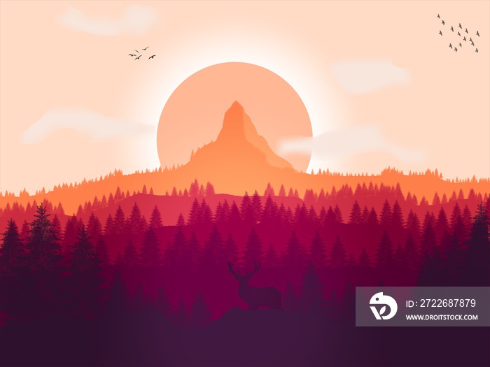 Silhouette of deer, birds, trees and a mountain with a circular moon in the background