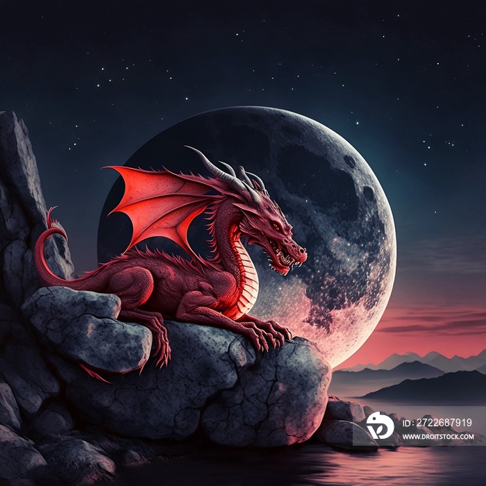 A red dragon sitting over a big moon