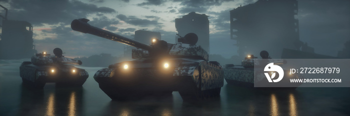 Military silhouettes three tanks on war fog sky background. Tanks battle. War Concept. 3d rendering