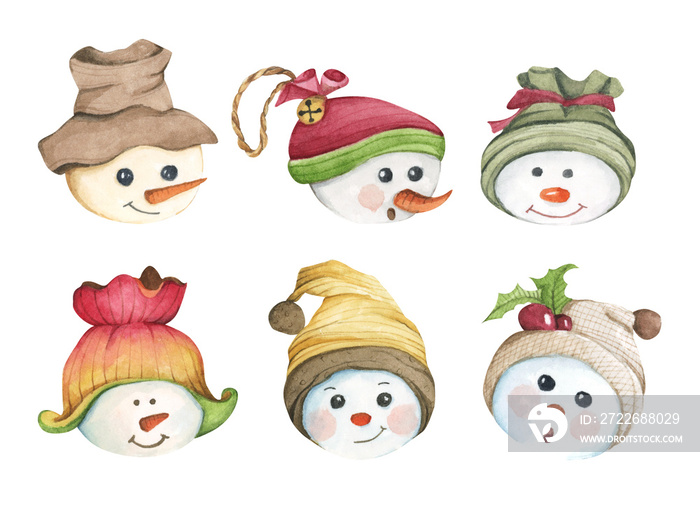 Set of character snowmans. Isolated on white background. Watercolor illustration. New year decoration, Merry Christmas element.