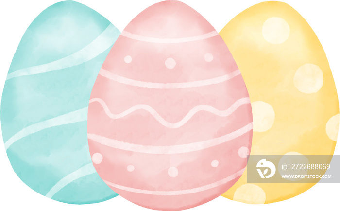 Cute pastel colored Easter eggs. Hand drawn watercolor illustration.