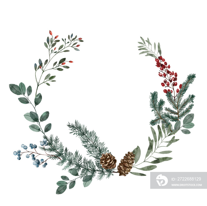 Watercolor winter Christmas wreath on the white isolated background. Winter frame bouquet.