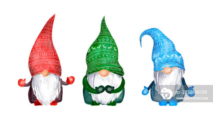 Watercolor christmas gnomes family in hats with scandinavian ornament. Set of nordic magic dwarfs