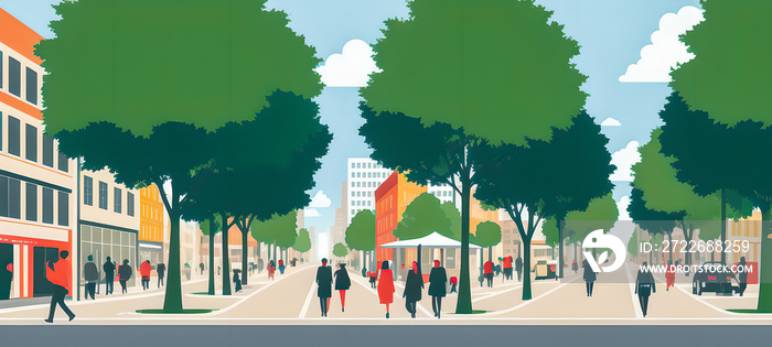 Wide city panorama with pedestrians, cyclists, buildings, trees and road. People are walking down the street. Horizontal cityscape. Scene with townspeople, world concept. Flat vector illustration