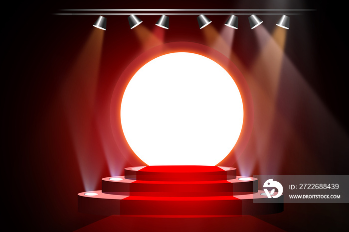 3D illustration of concert stage theater with flood lights and red carpet on 3d podium base,an abstract empty floor showcase spotlights on stage background.