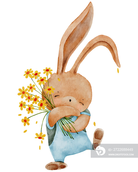 Cute Rabbit holding flower Waterolour hand paint; Cartoon hand drawn Bunny,Hare character element for Easter greeting card; Spring; Summer poster;Vector illustration