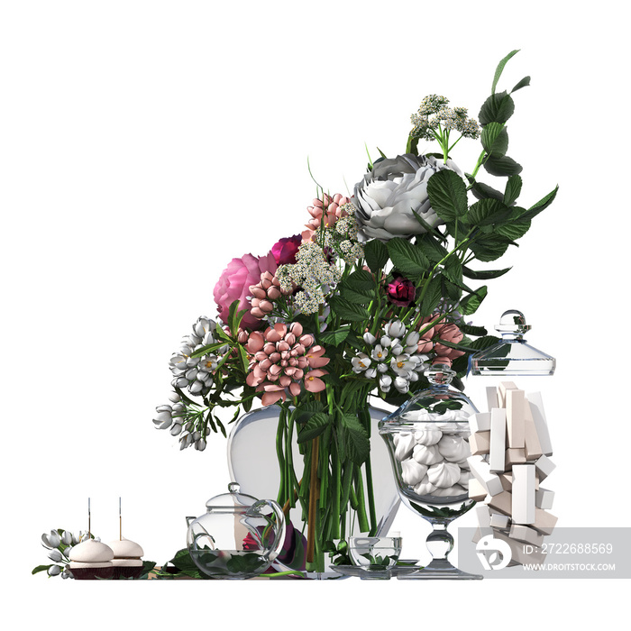 decorative flowers and plants for the interior,  isolated on transparent background, 3D illustration, cg render