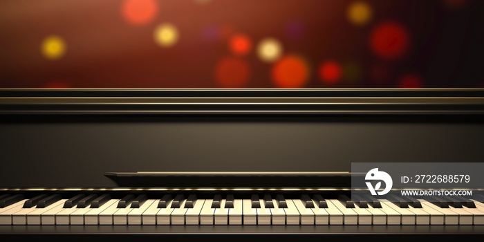 Piano keyboard, front view, bokeh background. 3d illustration