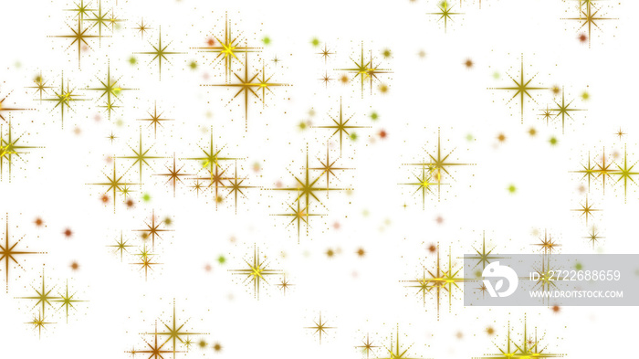 Snowflakes on gold color stars with white background, gold glitter particles effect golden sparkling stars
