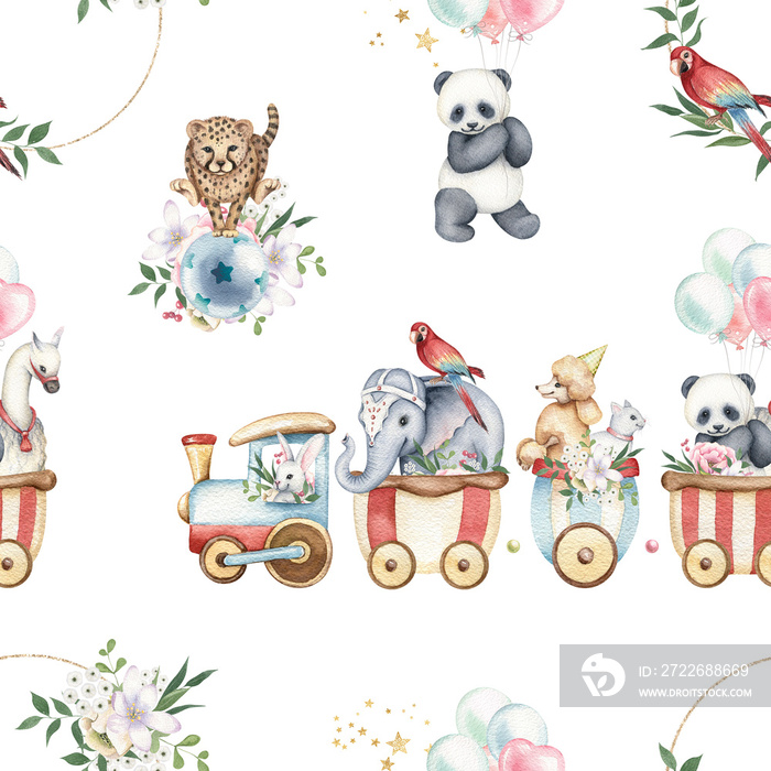 Watercolor vintage circus seamless pattern. Cute animal illustrations. Hand painted. Retro show, elephant, panda, llama, cheetah, balloons, happy train, gold stars, flowers. For kids invite, textile