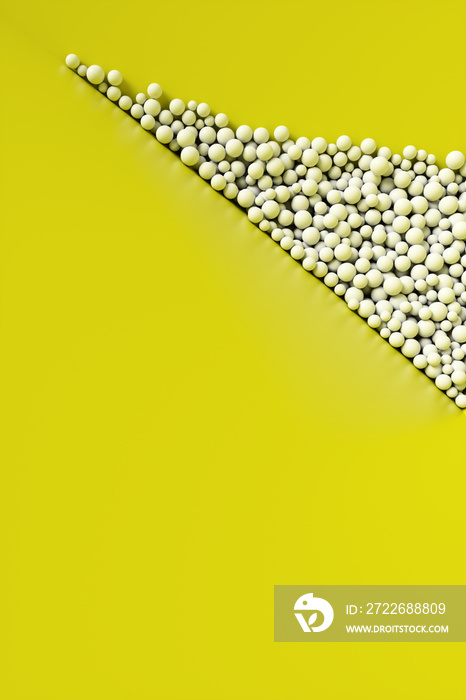 A large pile of abstract white spheres near a yellow wall. Background 3d rendering illustration.