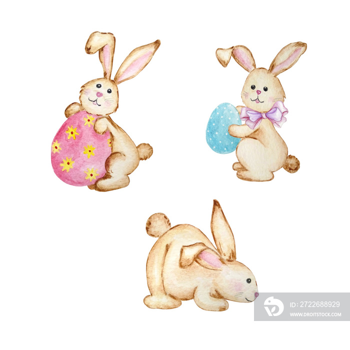 Three brown watercolor easter bunnies cute