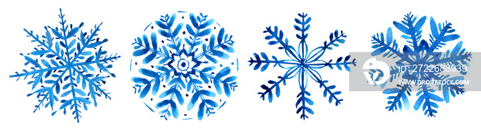 Set of four watercolor blue snowflakes isolated on white. Hand painted winter illustration.