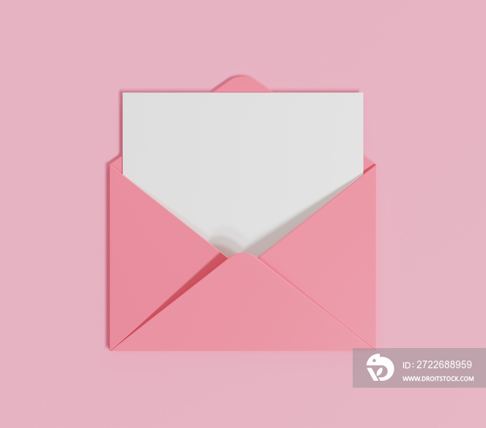 White card in pink envelope on colorful background 3D rendering