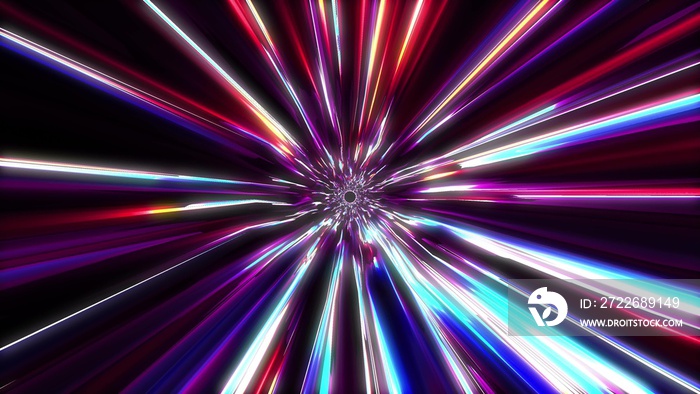 Cosmic trip to infinity. Psychedelic abstract tunnel, ultraviolet glowing light rays.