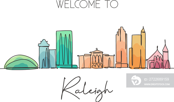 One continuous line drawing of Raleigh city skyline, USA. Beautiful landmark. World landscape tourism travel vacation poster print. Editable stylish stroke single line draw design vector illustration