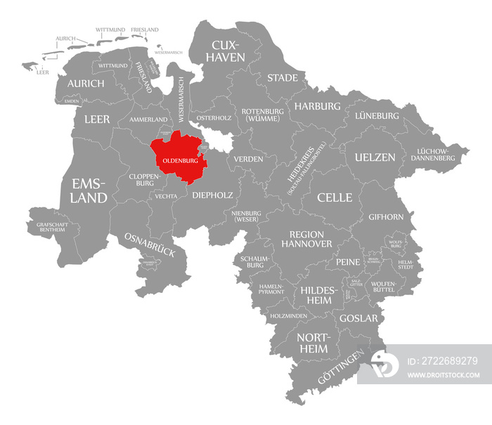 Oldenburg county red highlighted in map of Lower Saxony Germany