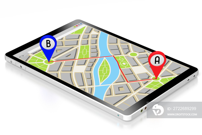 3D tablet, map - route/ distance concept