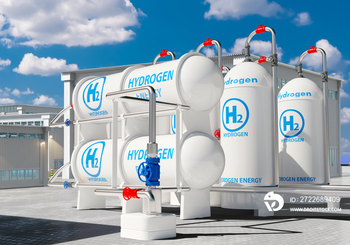 Hydrogen energy. Storage tanks for h2 gas. Industrial zone. Innovative power plant. Tank storage for hydrogen. Generating electricity from water. Factory area on summer day.