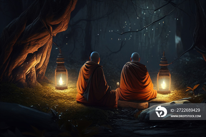 Meditating monks in peaceful jungle forest environment near lake, practicing breath work in robes.