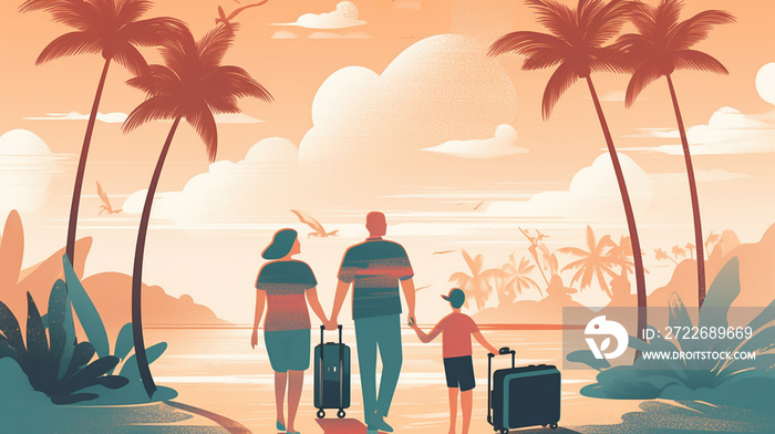 Illustration of a family going on a holiday trip to a tropical island in summer. Concept of travel and tourism promotion and advertisement.