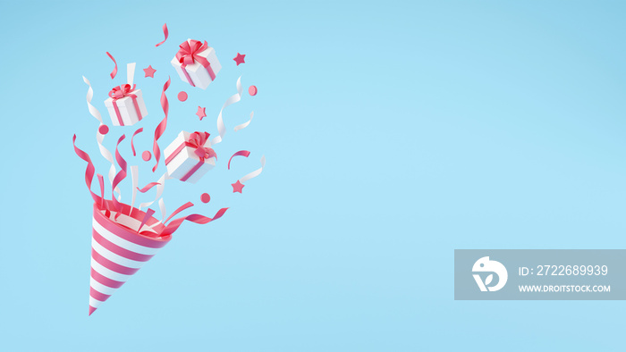 Party popper with flying confetti and gift boxes 3d render illustration.