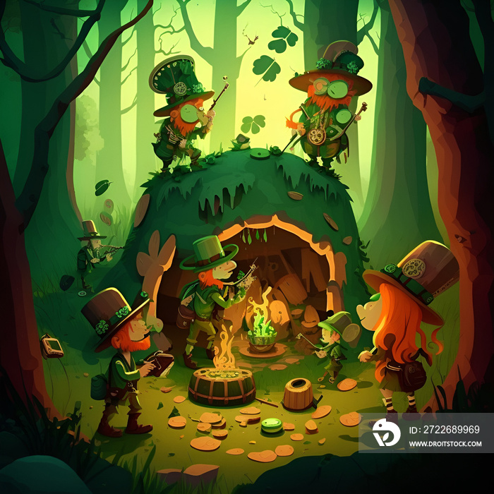 St Patrick’s day themed celebration, leprechauns party in the forest, in the style of a cartoon, high resolution