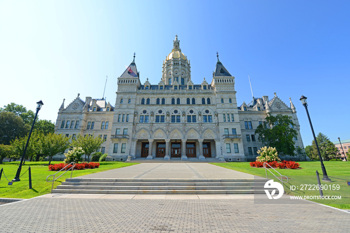 Connecticut State Capitol, Hartford, Connecticut, USA. This building was designed by Richard Upjohn with Victorian Gothic Revival style in 1872.